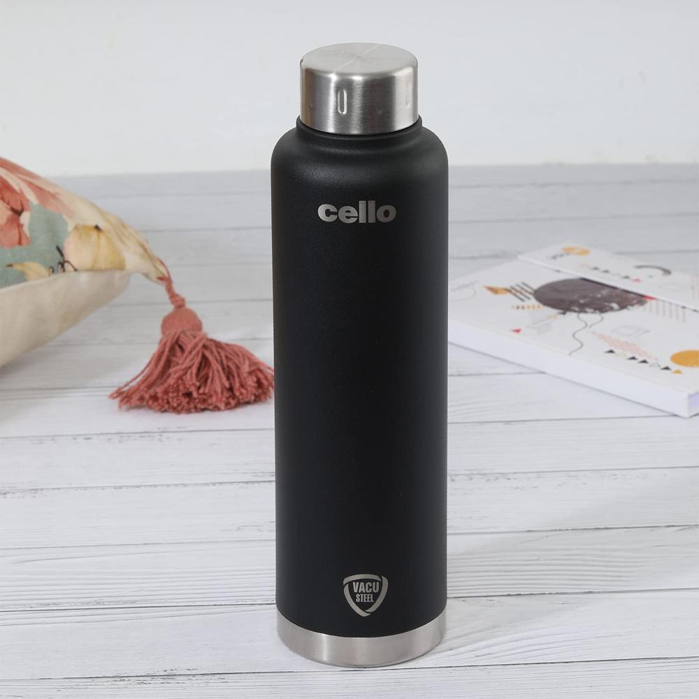 Cello Duro Top Double Walled Insulated Flask | Vacusteel Water Flask with Durable DTP Coating | Leak Proof Flask for Beverages | Ideal for Home, Travel, Office | 750ml, Black