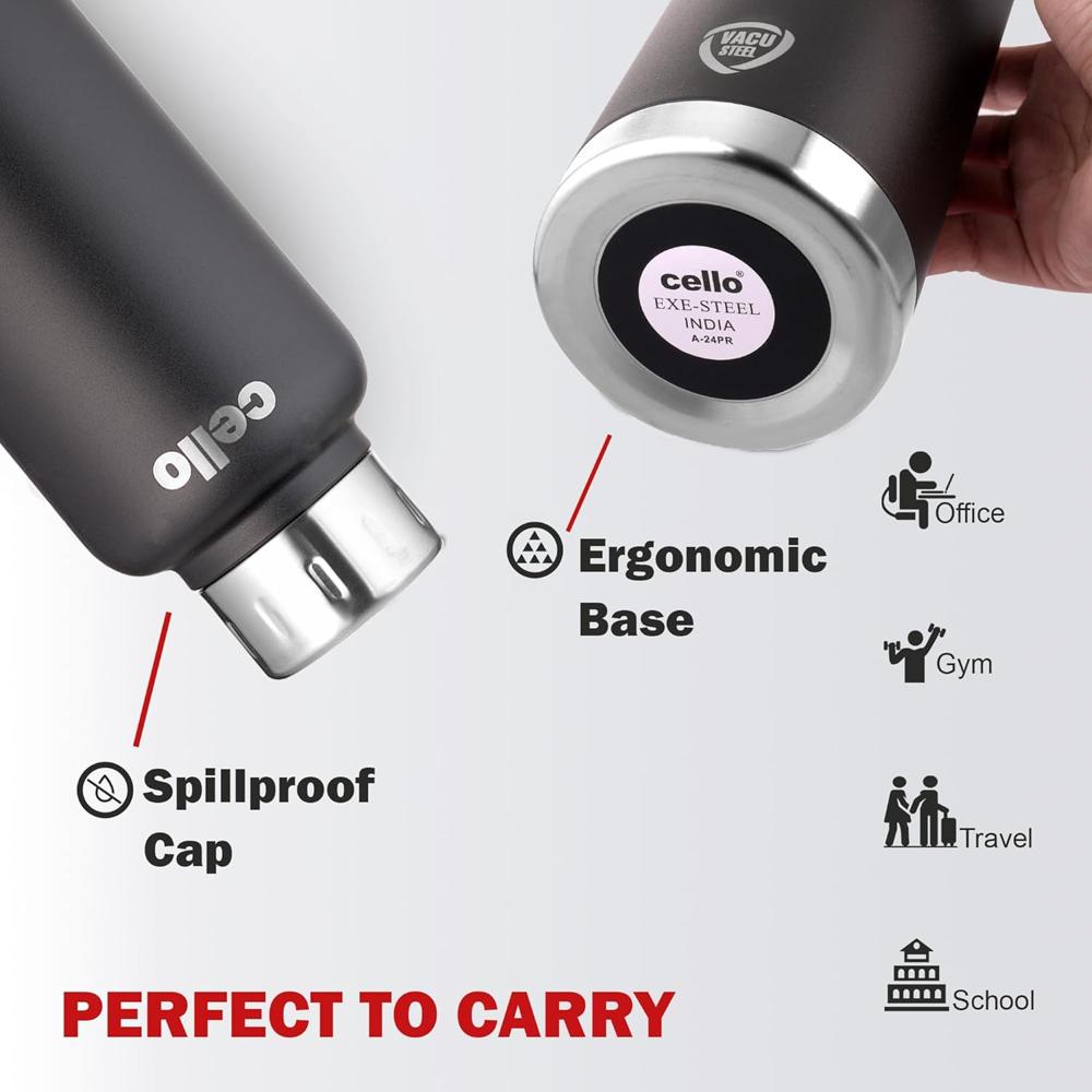 Cello Duro Top Double Walled Insulated Flask | Vacusteel Water Flask with Durable DTP Coating | Leak Proof Flask for Beverages | Ideal for Home, Travel, Office | 750ml, Black