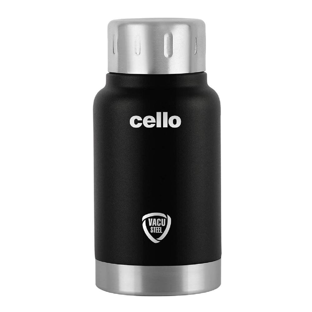 Cello Duro Top Thermosteel Insulated Flask, 350ml, Black | Vacusteel Water Flask with Durable DTP Coating | Leak Proof for Beverages | Ideal for Home, Travel, Office