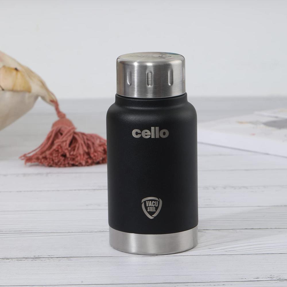 Cello Duro Top Thermosteel Insulated Flask, 350ml, Black | Vacusteel Water Flask with Durable DTP Coating | Leak Proof for Beverages | Ideal for Home, Travel, Office