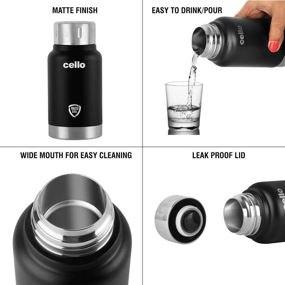 Cello Duro Top Thermosteel Insulated Flask, 350ml, Black | Vacusteel Water Flask with Durable DTP Coating | Leak Proof for Beverages | Ideal for Home, Travel, Office