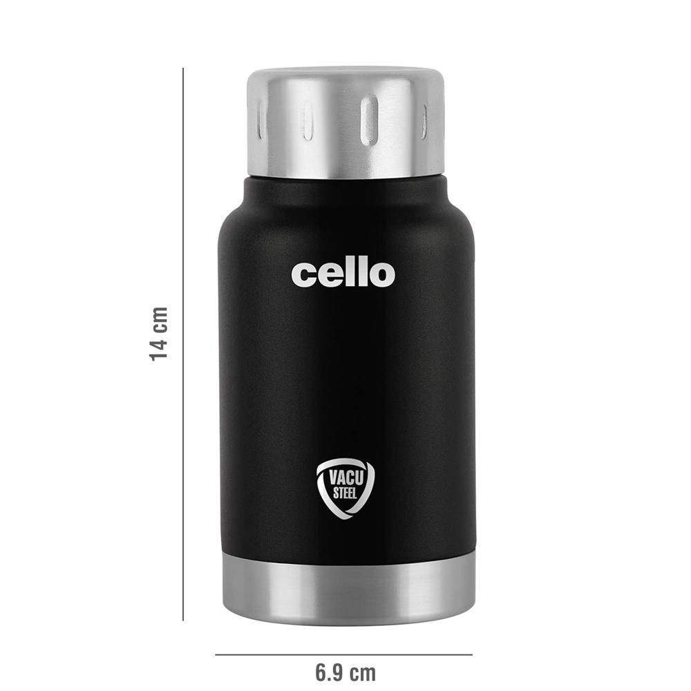 Cello Duro Top Thermosteel Insulated Flask, 350ml, Black | Vacusteel Water Flask with Durable DTP Coating | Leak Proof for Beverages | Ideal for Home, Travel, Office