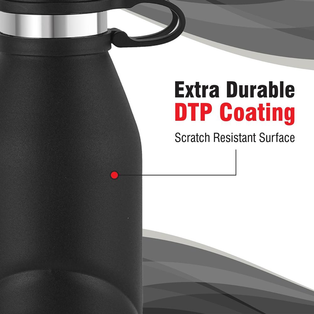 Cello Duro Crown Tuff Steel Vacuum Insulated Flask | Double Walled Hot and Cold Thermal Flask | Scratch Resistant & DTP Coating Flask | 1000ml, Black