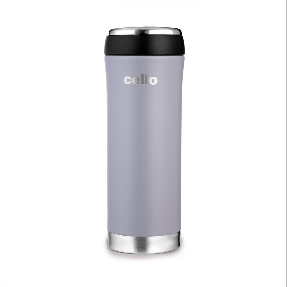 Cello Duro My Cup | Double Walled Stainless Steel with Durable DTP Coating | Travel Flask with Dual Purpose Cup & Cap | for Coffee, Tea, Drink Water Flask | 350ml, Grey