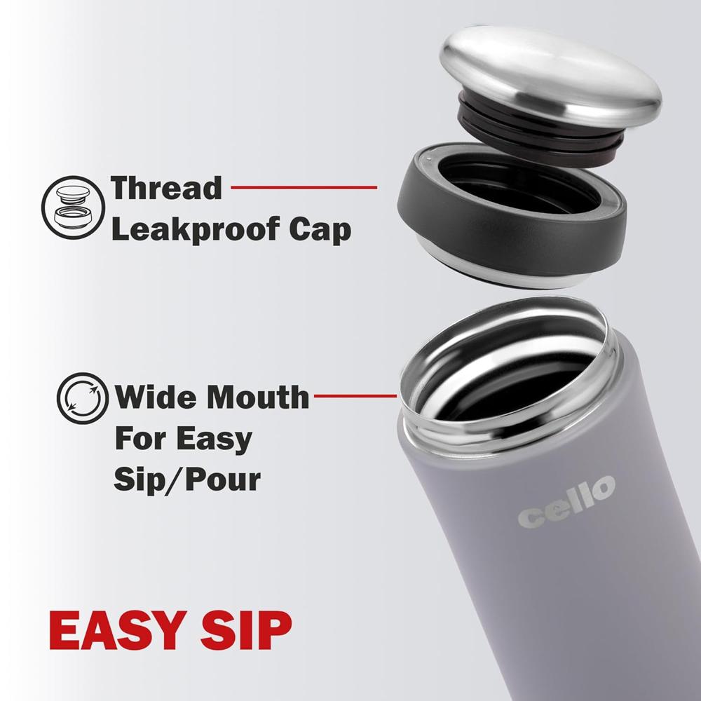 Cello Duro My Cup | Double Walled Stainless Steel with Durable DTP Coating | Travel Flask with Dual Purpose Cup & Cap | for Coffee, Tea, Drink Water Flask | 350ml, Grey