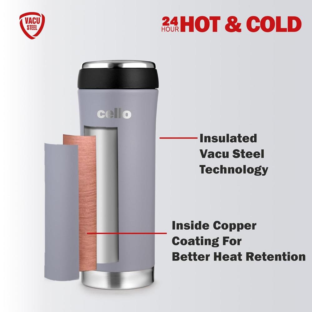 Cello Duro My Cup Thermosteel Flask, 500ml, Grey | Travel Flask with Dual Purpose Cup & Cap | 24 Hours Hot & Cold | Flask for Tea Coffee | Ideal for Office, Gym, Home, Kitchen, Hiking, Trekking