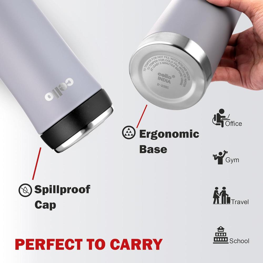 Cello Duro My Cup Thermosteel Flask, 500ml, Grey | Travel Flask with Dual Purpose Cup & Cap | 24 Hours Hot & Cold | Flask for Tea Coffee | Ideal for Office, Gym, Home, Kitchen, Hiking, Trekking