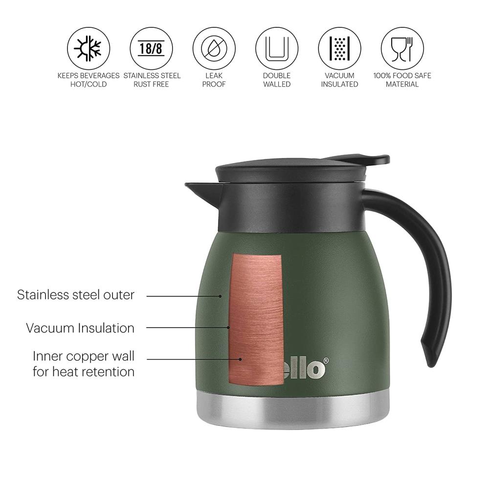 Cello Duro Pot | Hot and Cold Flask | Vacuum Insulated Teapot | Durable DTP Coating |Vacuum Insulated Bottle for Travel, Home, Office, School | 600ml, Green