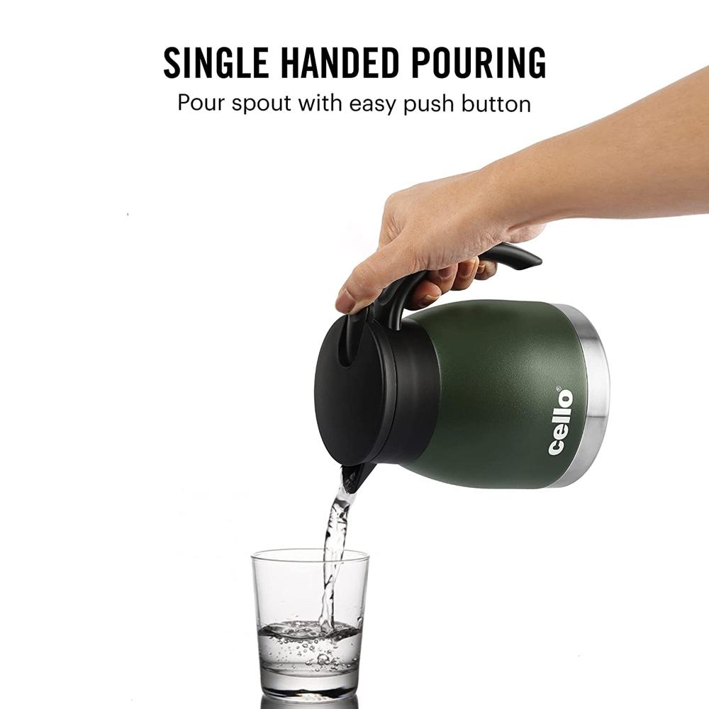 Cello Duro Pot | Hot and Cold Flask | Vacuum Insulated Teapot | Durable DTP Coating |Vacuum Insulated Bottle for Travel, Home, Office, School | 600ml, Green