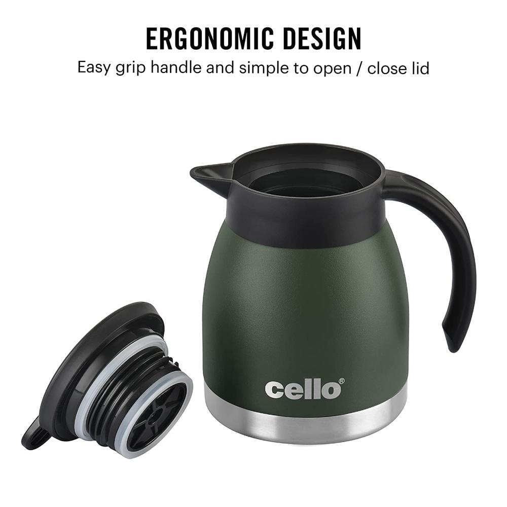 Cello Duro Pot | Hot and Cold Flask | Vacuum Insulated Teapot | Durable DTP Coating |Vacuum Insulated Bottle for Travel, Home, Office, School | 600ml, Green