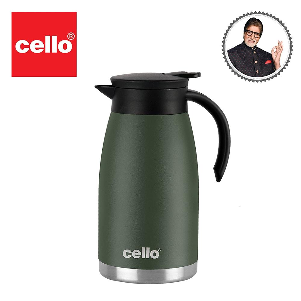 Cello Duro Pot | Hot and Cold Flask | Vacuum Insulated Teapot | Durable DTP Coating |Vacuum Insulated Bottle for Travel, Home, Office, School | 1100ml, Green