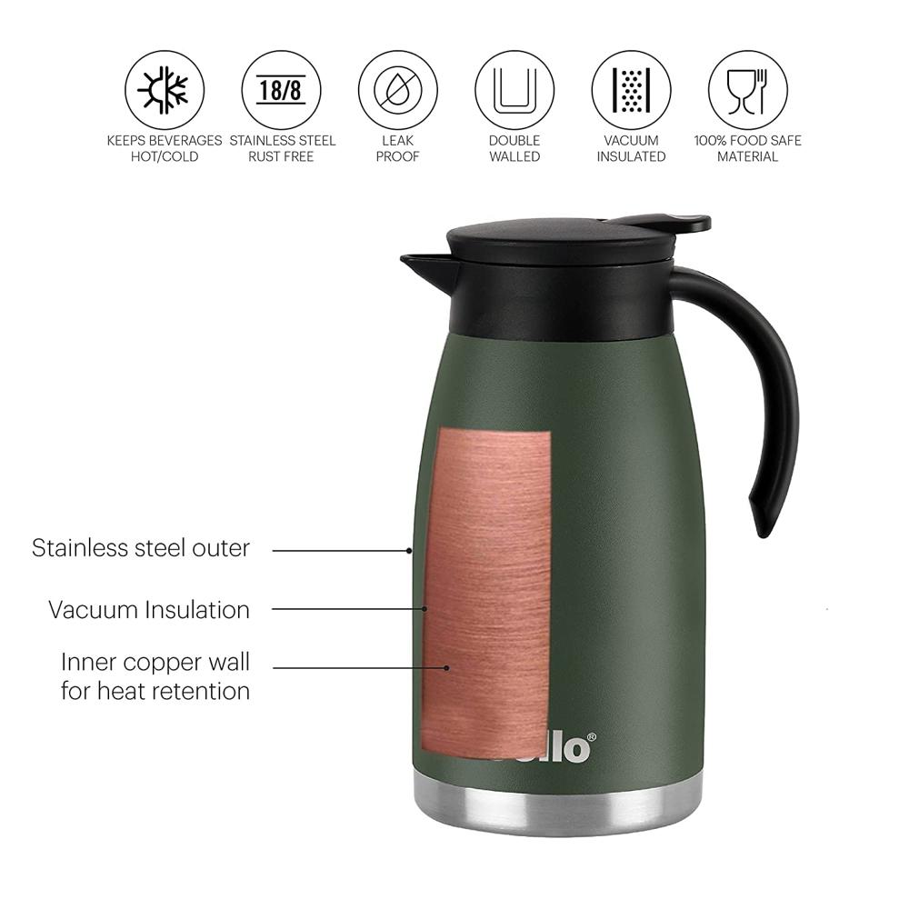 Cello Duro Pot | Hot and Cold Flask | Vacuum Insulated Teapot | Durable DTP Coating |Vacuum Insulated Bottle for Travel, Home, Office, School | 1100ml, Green