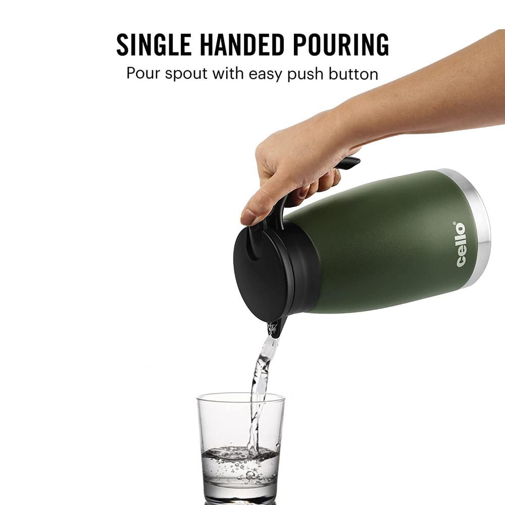 Cello Duro Pot | Hot and Cold Flask | Vacuum Insulated Teapot | Durable DTP Coating |Vacuum Insulated Bottle for Travel, Home, Office, School | 1100ml, Green