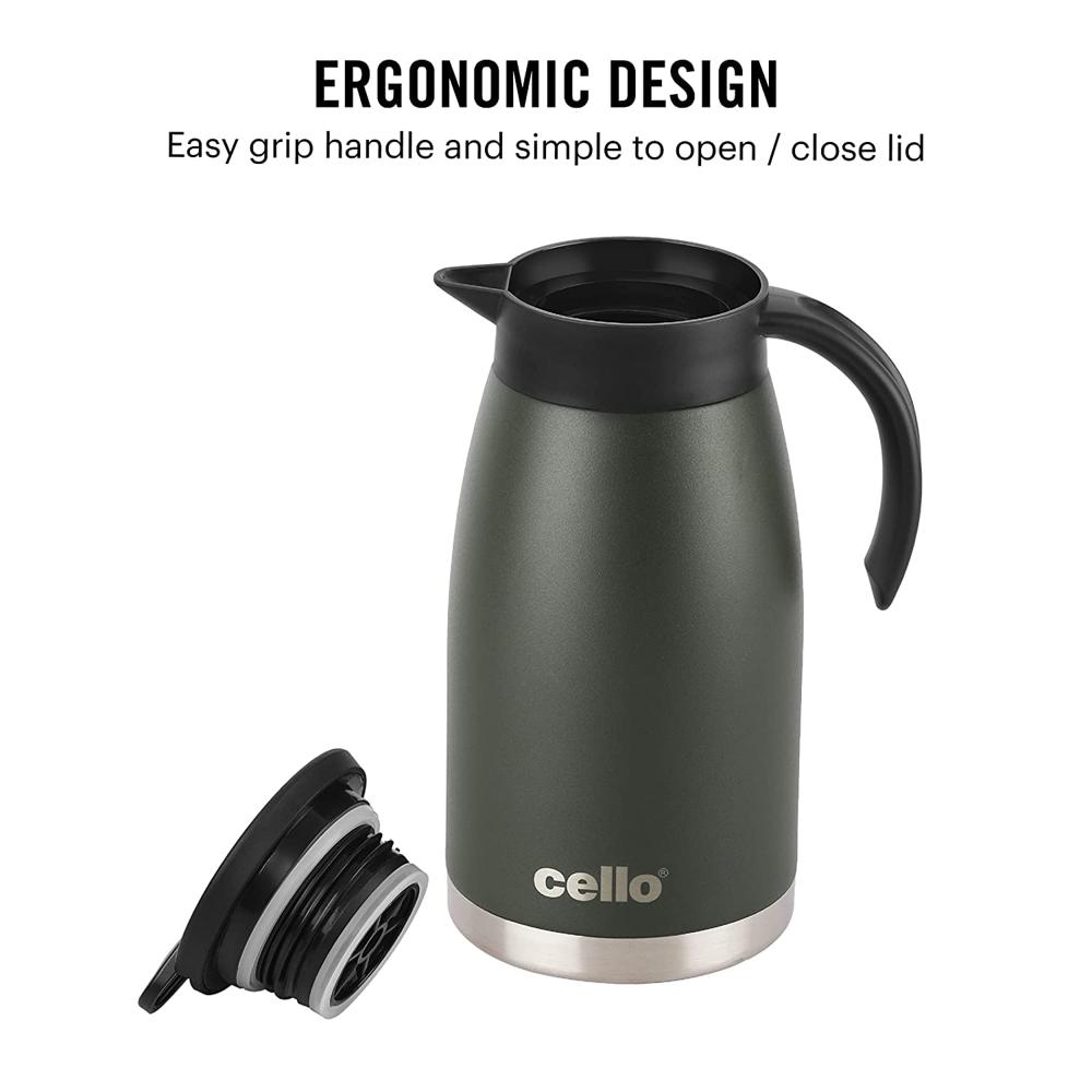 Cello Duro Pot | Hot and Cold Flask | Vacuum Insulated Teapot | Durable DTP Coating |Vacuum Insulated Bottle for Travel, Home, Office, School | 1100ml, Green