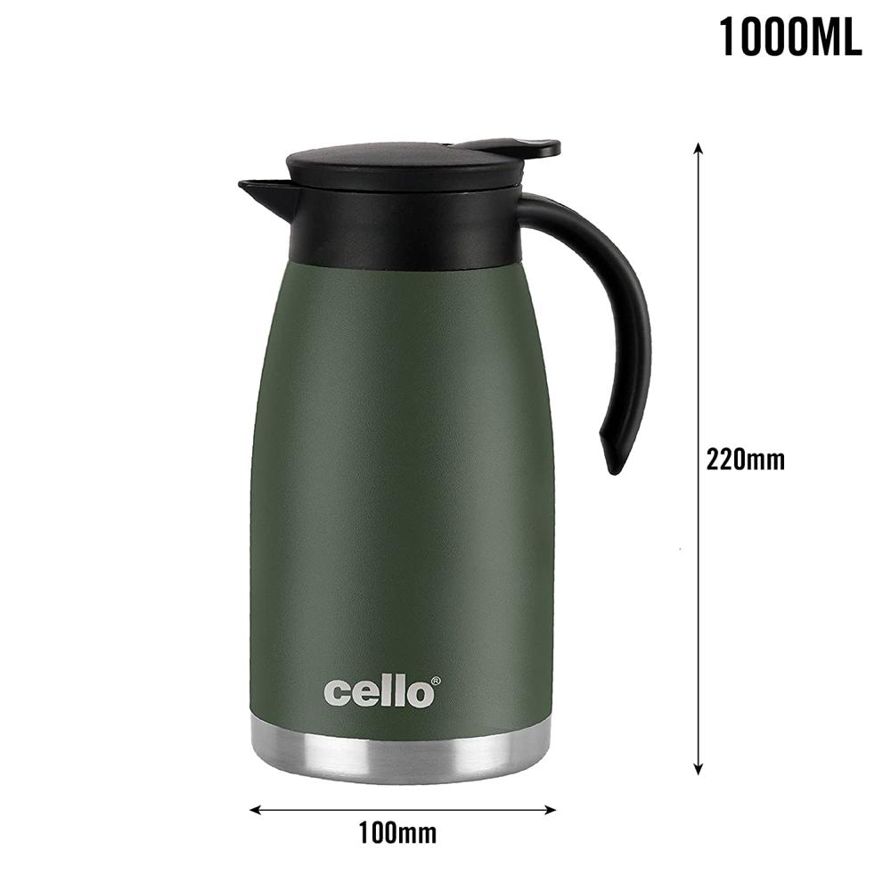 Cello Duro Pot | Hot and Cold Flask | Vacuum Insulated Teapot | Durable DTP Coating |Vacuum Insulated Bottle for Travel, Home, Office, School | 1100ml, Green