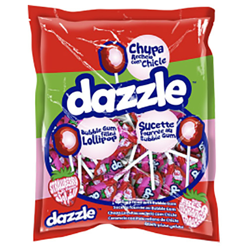 Dazzle Strawberry Flavour Hard Boiled Candy Lollipop with Chewing Gum Filling