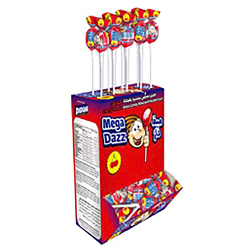 Mega Dazz Cherry Flavour hard Boiled Candy Lollipop With Chewing Gum Filling