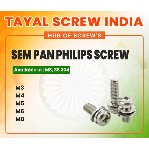 Sem Pan Philips Screw - Stainless Steel SS 304, M3-M8, Pan Head | Phillips Drive, DIN/ISO/IS Certified, Polished Finish