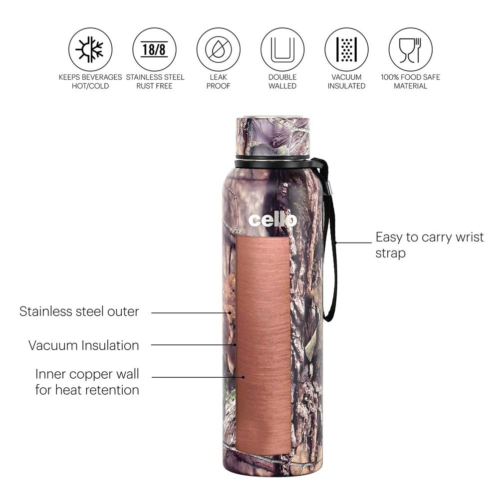 Cello Duro Tuff Steel Series- Duro Deezee Kent Double Walled Stainless Steel Water Bottle with Durable DTP Coating, 900ml, Grey