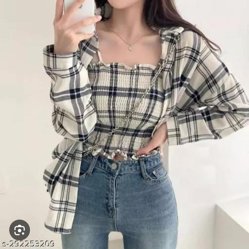 GIRL'S KOREAN STYLE FULL SLEEVE SHIRT WITH CROP-TOP