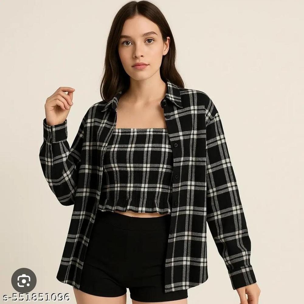 GIRL'S KOREAN STYLE FULL SLEEVE SHIRT WITH CROP-TOP