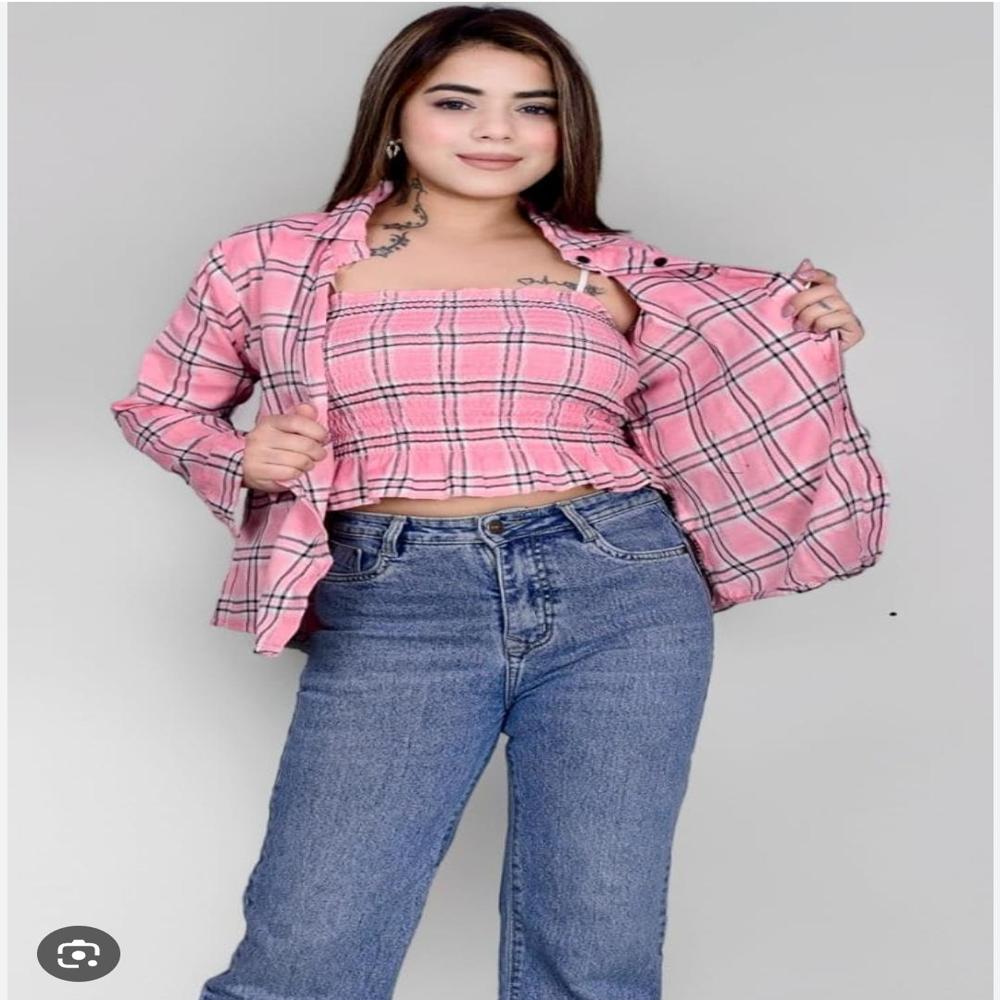 GIRL'S KOREAN STYLE FULL SLEEVE SHIRT WITH CROP-TOP