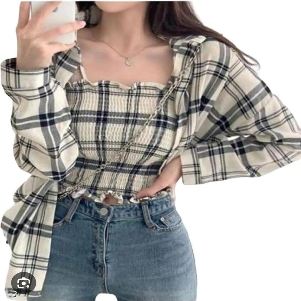 GIRL'S KOREAN STYLE FULL SLEEVE SHIRT WITH CROP-TOP