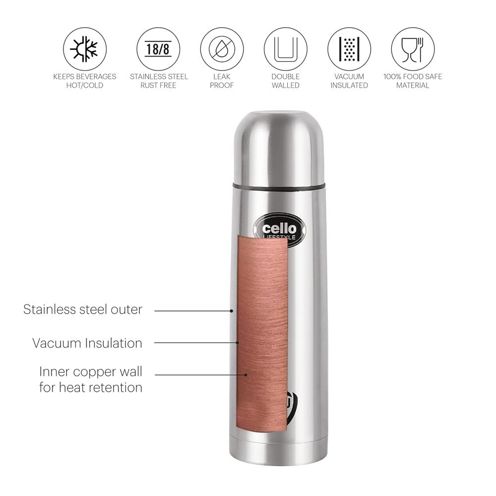 CELLO Lifestyle Insulated Stainless Steel Flask Water Bottle for Daily Use 350 ml | ISI Certified Double Wall Vacuum Insulated 24 Hours Hot & Cold Thermos Water Bottle for Office, Picnic, Gym, Travel