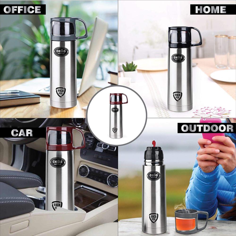 Cello Instyle Double Walled Flask with Thermal Jacket, Hot and Cold, 750ml, 1pc, Silver & Cello Swift Double Walled Flask Bottle