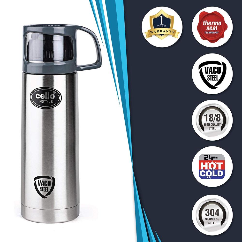 Cello Instyle Double Walled Flask with Thermal Jacket, Hot and Cold, 750ml, 1pc, Silver & Cello Swift Double Walled Flask Bottle