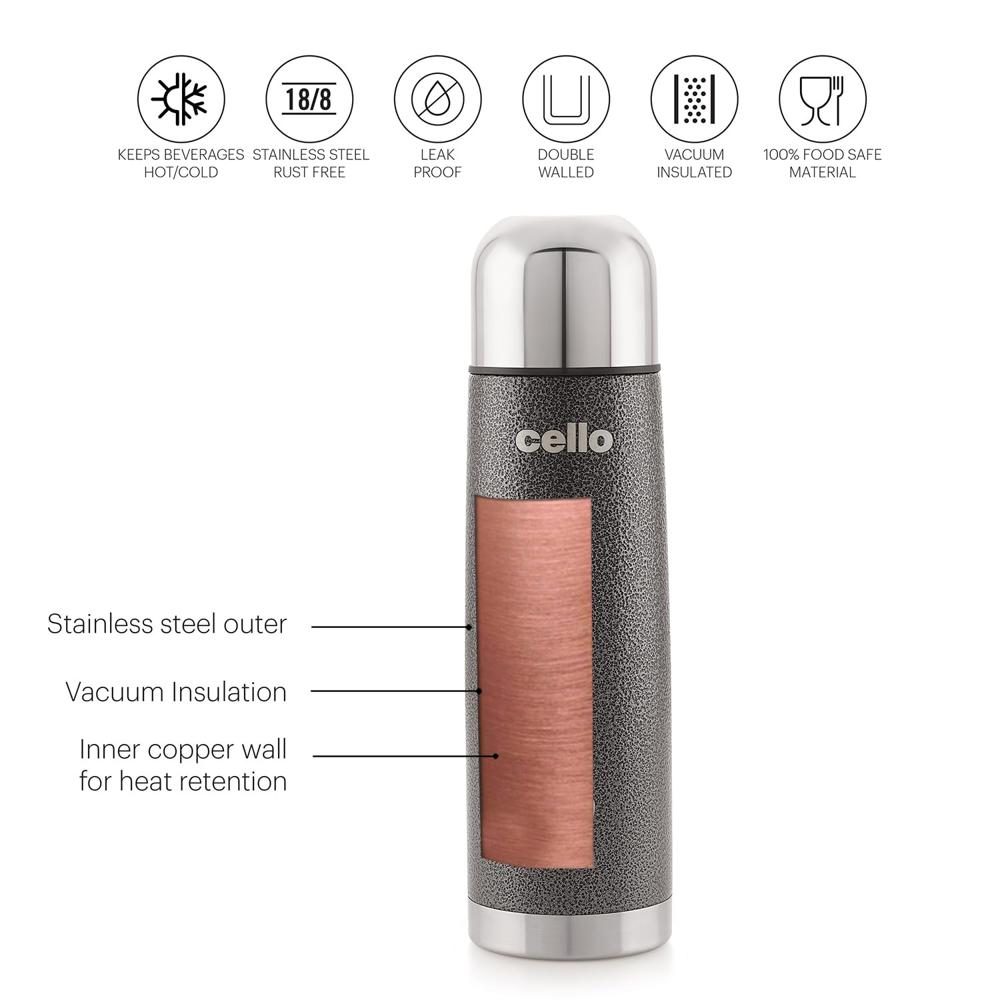 Cello Flipper Stainless Steel Vacuum Insulated Flask 500ml, Grey | Hot and Cold Water Bottle with Flip lid | Double Walled Bottle for Home, Office, Travel