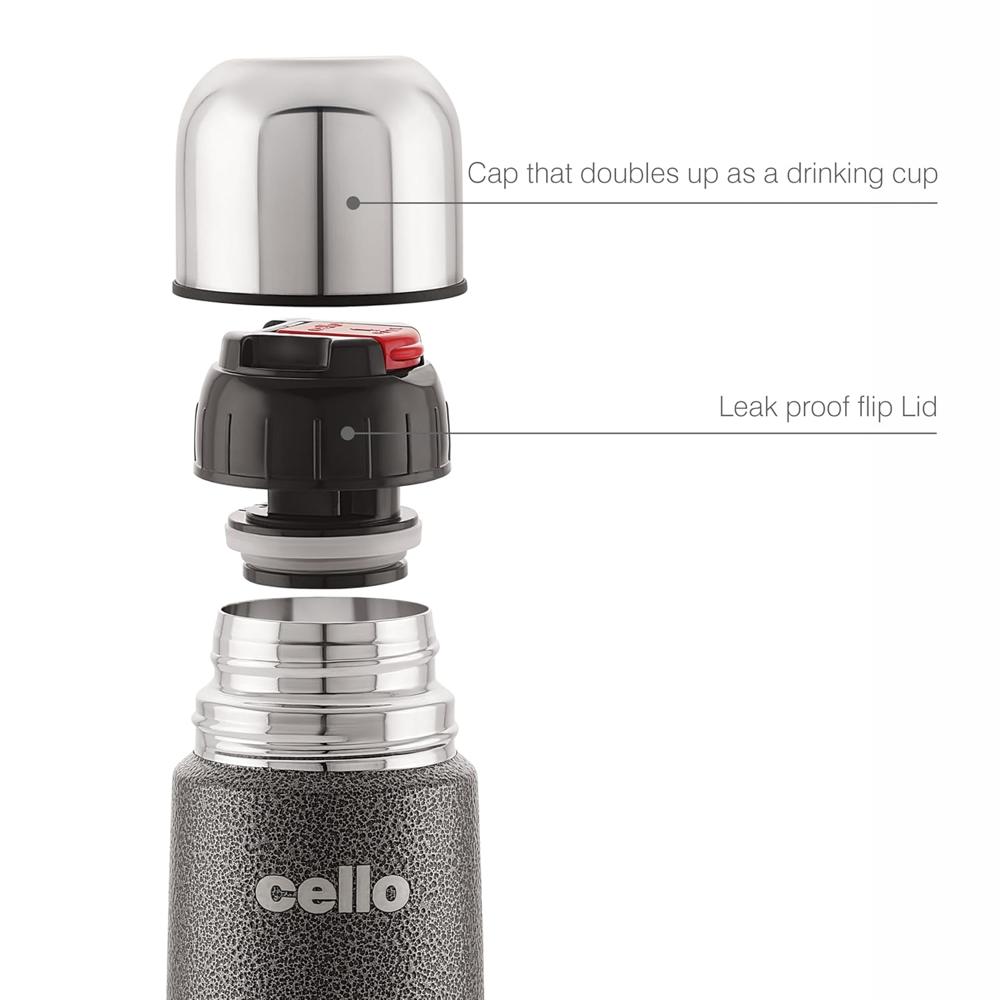 Cello Flipper Stainless Steel Vacuum Insulated Flask 500ml, Grey | Hot and Cold Water Bottle with Flip lid | Double Walled Bottle for Home, Office, Travel