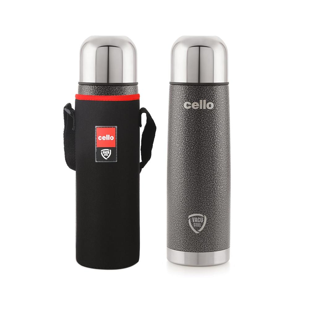 Cello Flipper Stainless Steel Vacuum Insulated Flask 1000ml, Grey | Hot and Cold Water Bottle with Flip lid | Double Walled Bottle for Home, Office, Travel