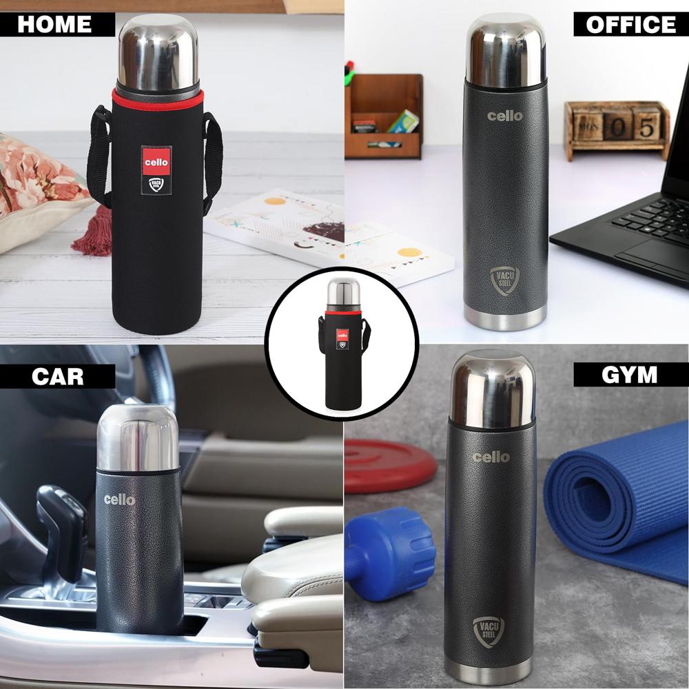 Cello Flipper Stainless Steel Vacuum Insulated Flask 1000ml, Grey | Hot and Cold Water Bottle with Flip lid | Double Walled Bottle for Home, Office, Travel