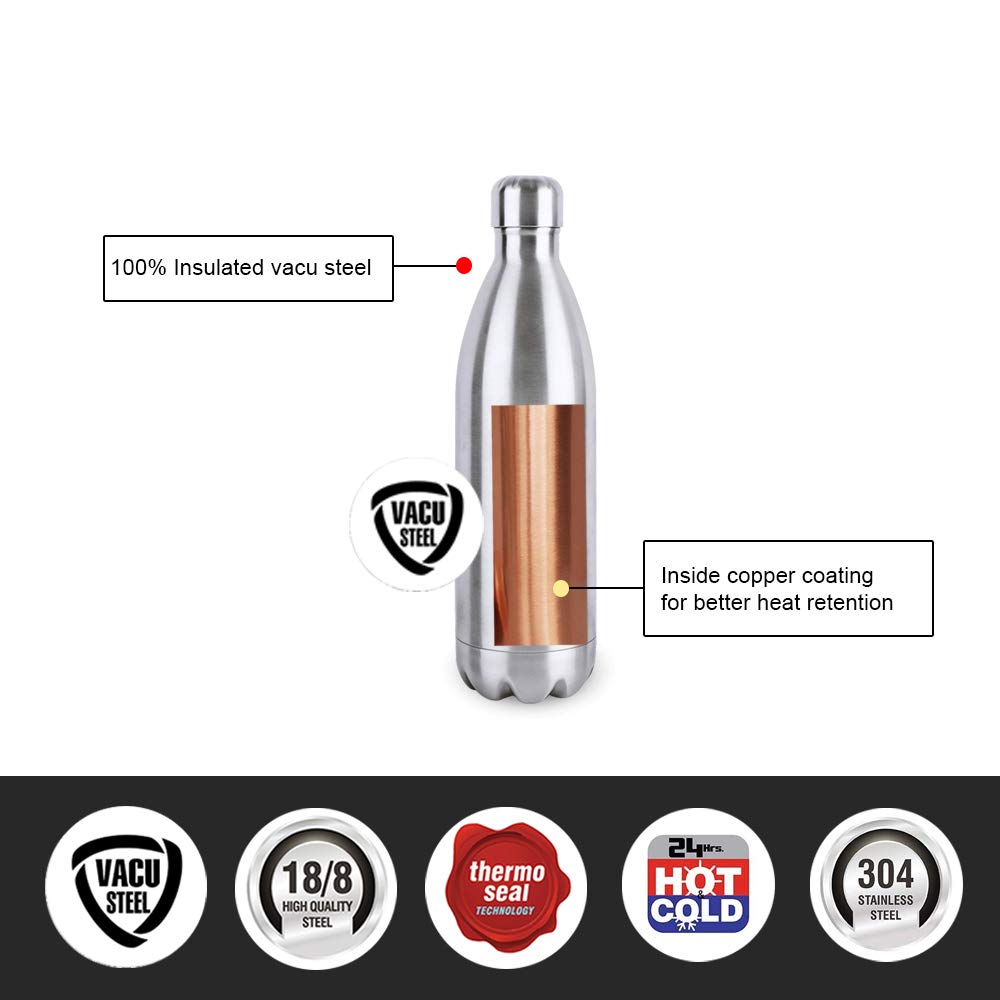 CELLO Swift Insulated Stainless Steel Flask Water Bottle for Daily Use 750 ml | ISI Certified Double Wall Vacuum Insulated 24 Hours Hot & Cold Thermos Water Bottle for School, Gym, Picnic & Travel
