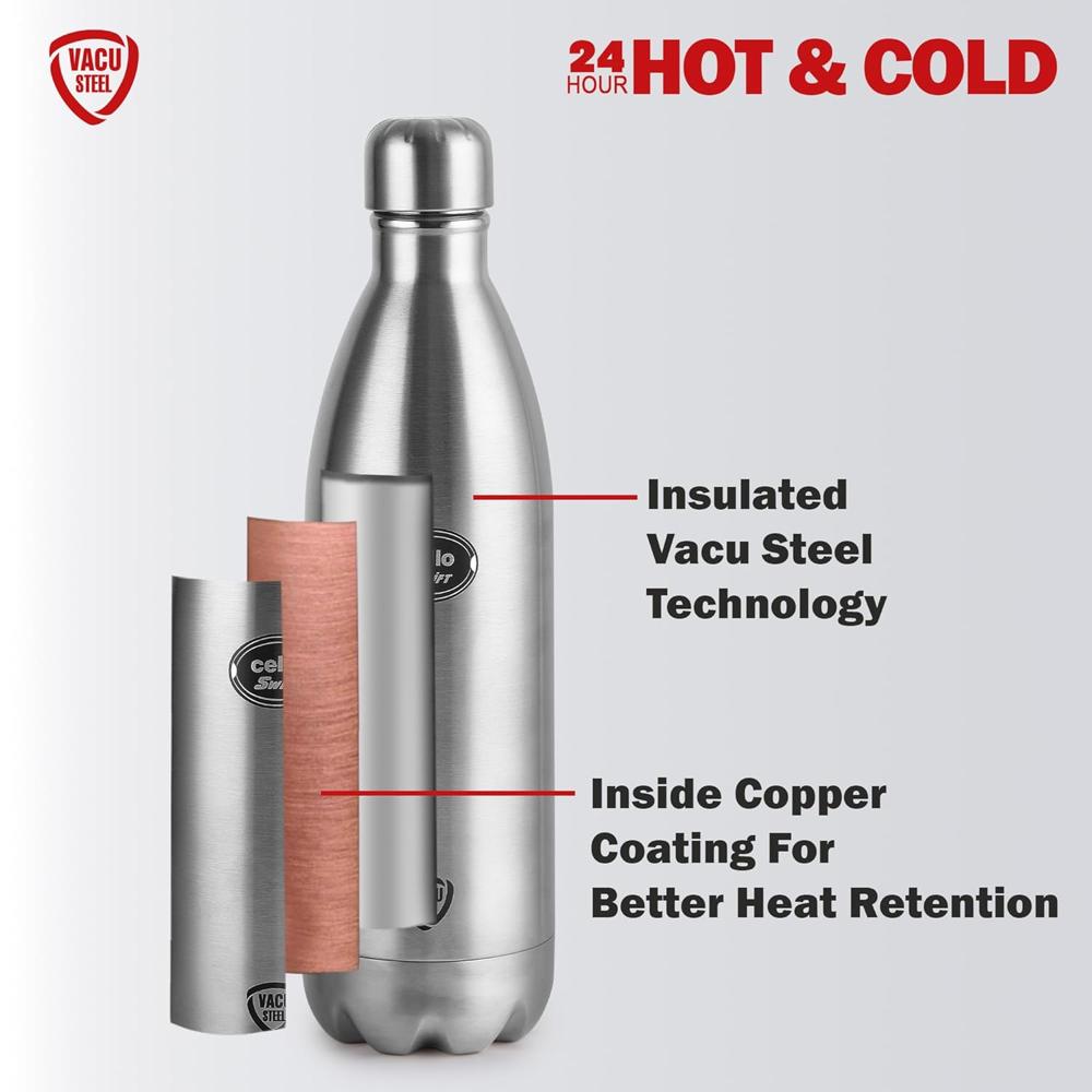CELLO Swift Insulated Stainless Steel Flask Water Bottle for Daily Use 1000 ml | ISI Certified Double Wall Vacuum Insulated 24 Hours Hot & Cold Thermos Water Bottle for School, Picnic, Gym & Travel