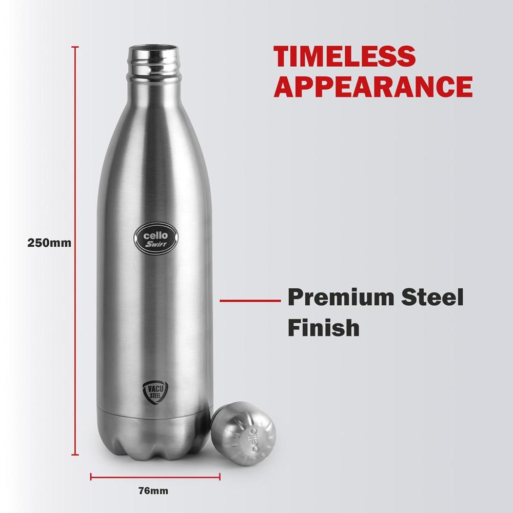 CELLO Swift Insulated Stainless Steel Flask Water Bottle for Daily Use 1000 ml | ISI Certified Double Wall Vacuum Insulated 24 Hours Hot & Cold Thermos Water Bottle for School, Picnic, Gym & Travel