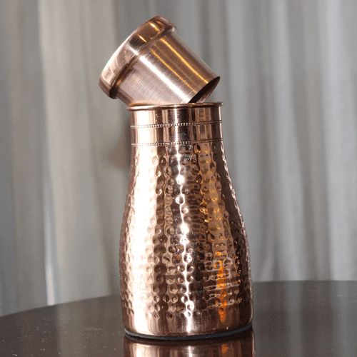 Handcrafted Pure Copper Hammered Bedside Water Carafe Jug Set With Inverted Tumbler Glass Lid" - Capacity: 1000 Milliliter (ml)