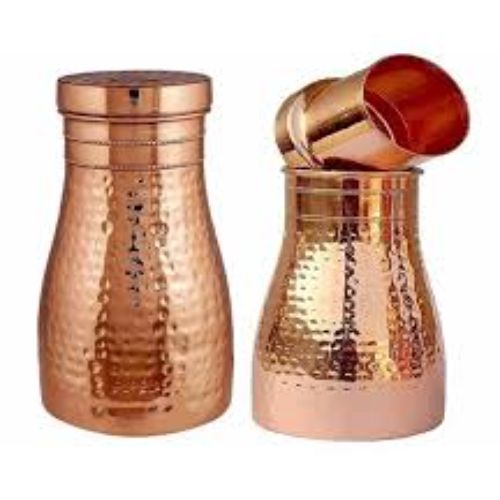 Handcrafted Pure Copper Hammered Bedside Water Carafe Jug Set with Inverted Tumbler Glass Lid