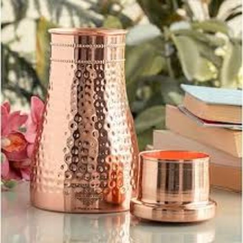 Handcrafted Pure Copper Hammered Bedside Water Carafe Jug Set with Inverted Tumbler Glass Lid