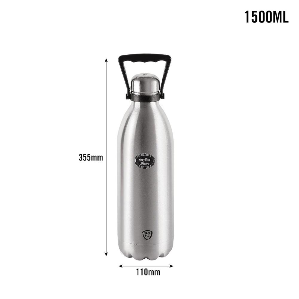 CELLO Swift Insulated Stainless Steel Flask Water Bottle with Handle For Daily Use 1500 ml Silver| ISI Certified Double Wall Vacuum Insulated 24 Hours Hot & Cold Thermos Water Bottle For Picnic Travel