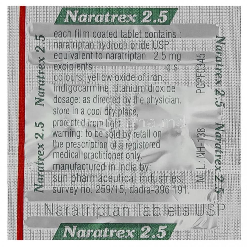 Naratriptan Tablets Usp - Life Span: 2 Years From Manufacture