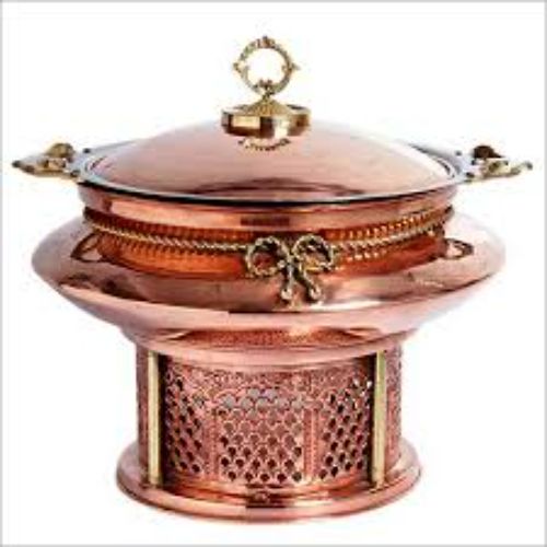 Royal Antique-Style Handcrafted Pure Copper Round Chafing Dish Buffet Warmer With Cutout Jali Ventilation Sigri Stand" - Color: Coper