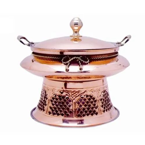 Royal Antique-Style Handcrafted Pure Copper Round Chafing Dish Buffet Warmer with Cutout Jali Ventilation Sigri Stand