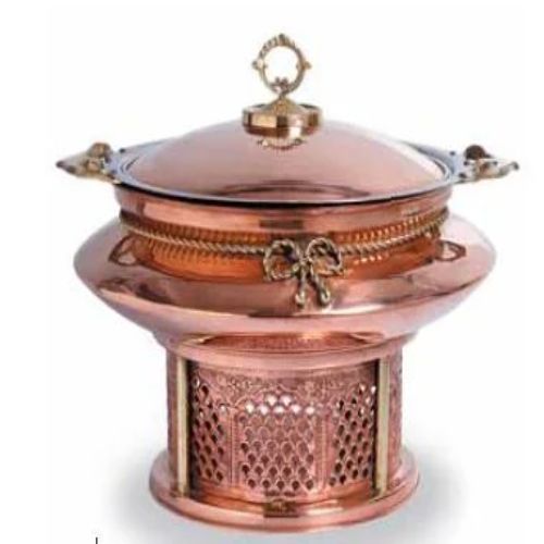 Royal Antique-Style Handcrafted Pure Copper Round Chafing Dish Buffet Warmer with Cutout Jali Ventilation Sigri Stand