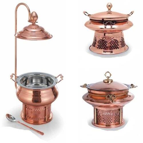 Royal Antique-Style Handcrafted Pure Copper Round Chafing Dish Buffet Warmer with Cutout Jali Ventilation Sigri Stand