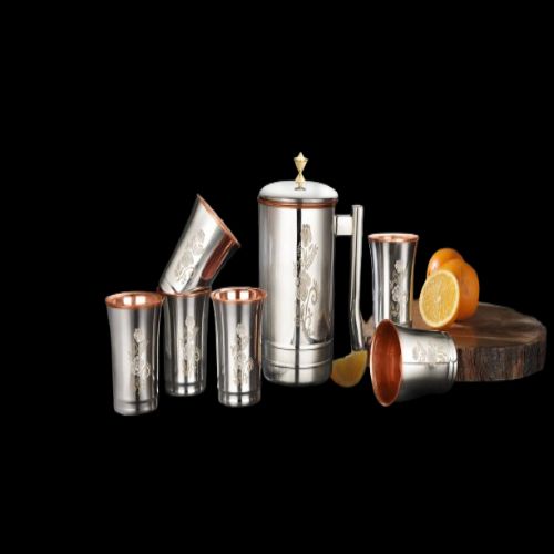 LaCoppera Felicity Stainless Steel Exterior Pure Copper Interior Dual-Tone Water Jug and Matching Tumbler Glass Gift Set