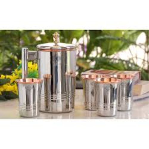LaCoppera Felicity Stainless Steel Exterior Pure Copper Interior Dual-Tone Water Jug and Matching Tumbler Glass Gift Set