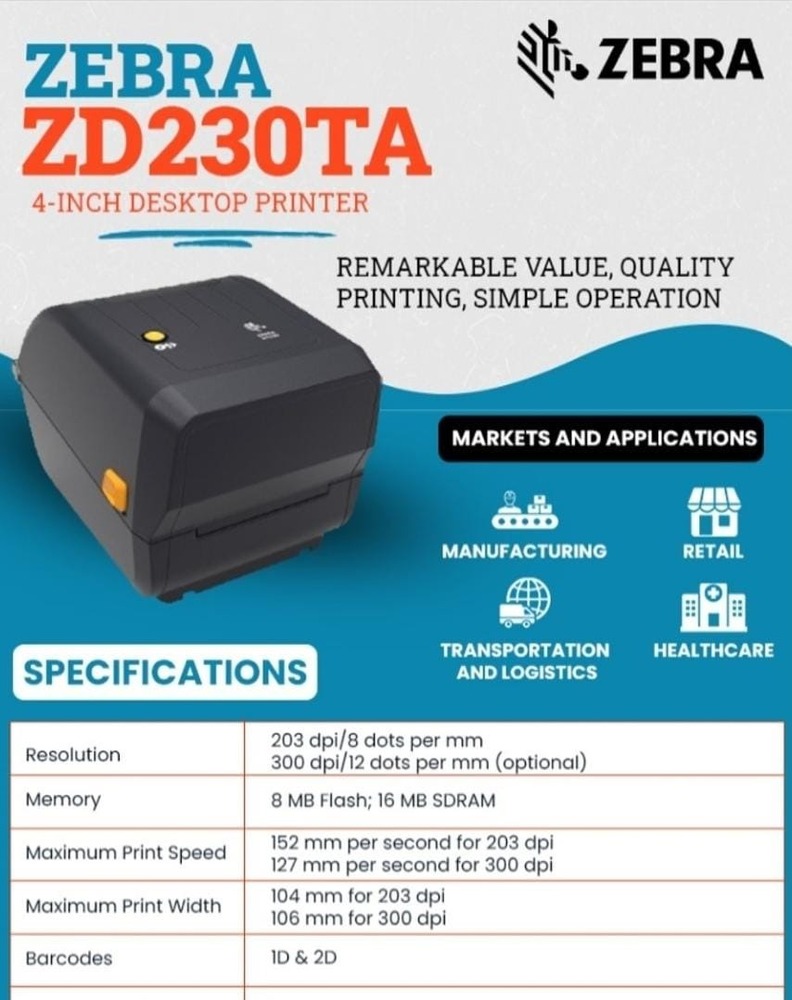 Zebra ZD230TA USB Barcode Printer