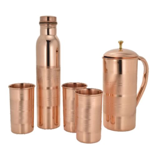 Premium Pure Copper Plain Mirror-Finish Tableware Combo Set Featuring 1-Liter Storage Jug With Lid, 1-Liter Leak-Proof Sports Water Bottle, And 3 Matching Drinking Tumbler Glasses" - Color: Coper